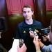 Michigan freshman Nik Stauskas looks up as he answers questions from the media during a press conference in the Pistons locker room on Tuesday, March 20, 2013 at the Palace in Auburn Hills.  Melanie Maxwell I AnnArbor.com